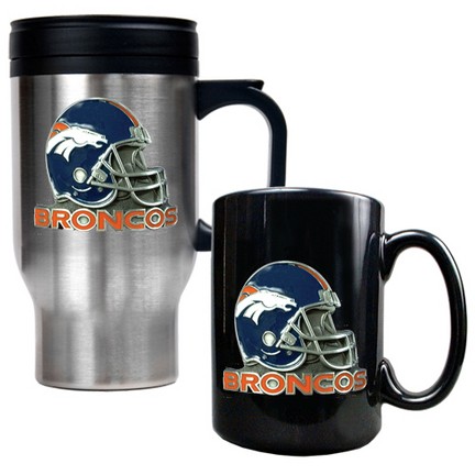 Denver Broncos Stainless Steel Travel Mug and Black Ceramic Mug Set ...